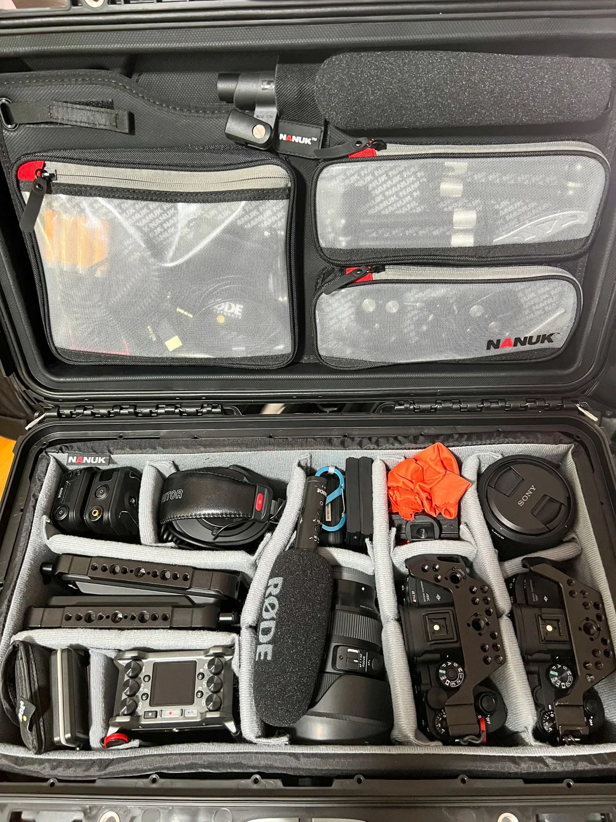 Cameras, lenses and a mic packed in the gear case