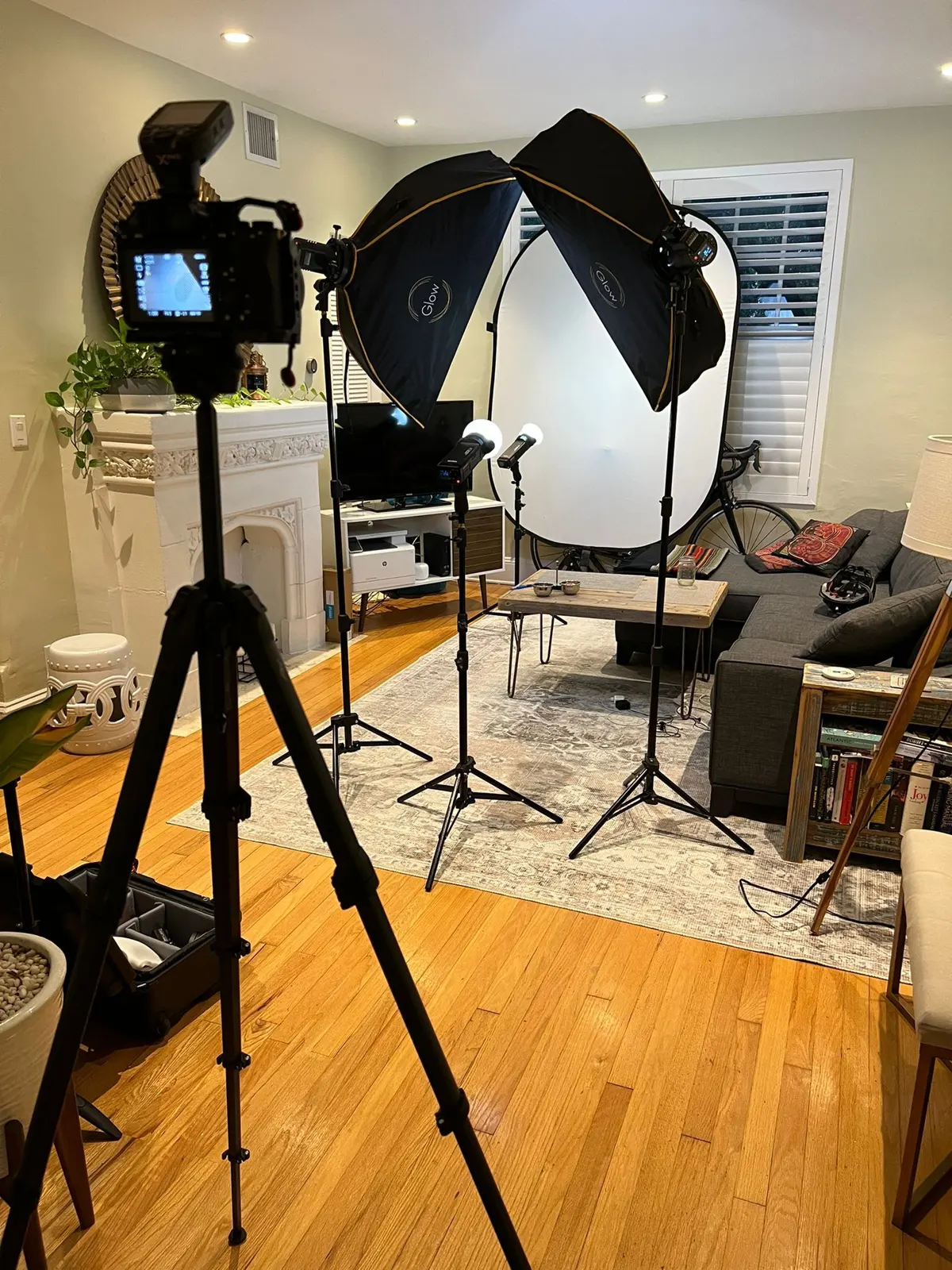 A camera and softboxes set up in a client's home