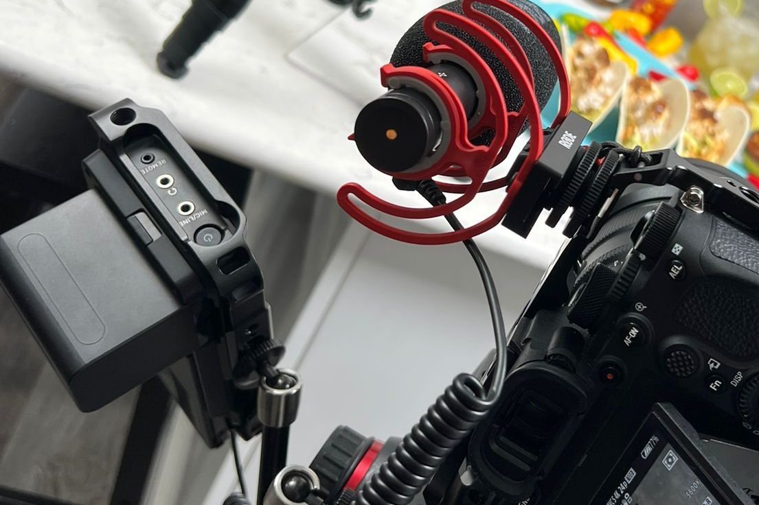 Our cinema camera rig with a shotgun microphone, set up for a video shoot