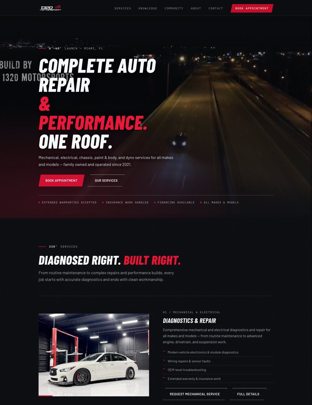 Website we designed and built for 1320Motorsport, Auto Repair & Performance