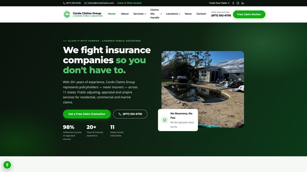 Website we designed and built for Cordo Claims Group, Public Adjusters