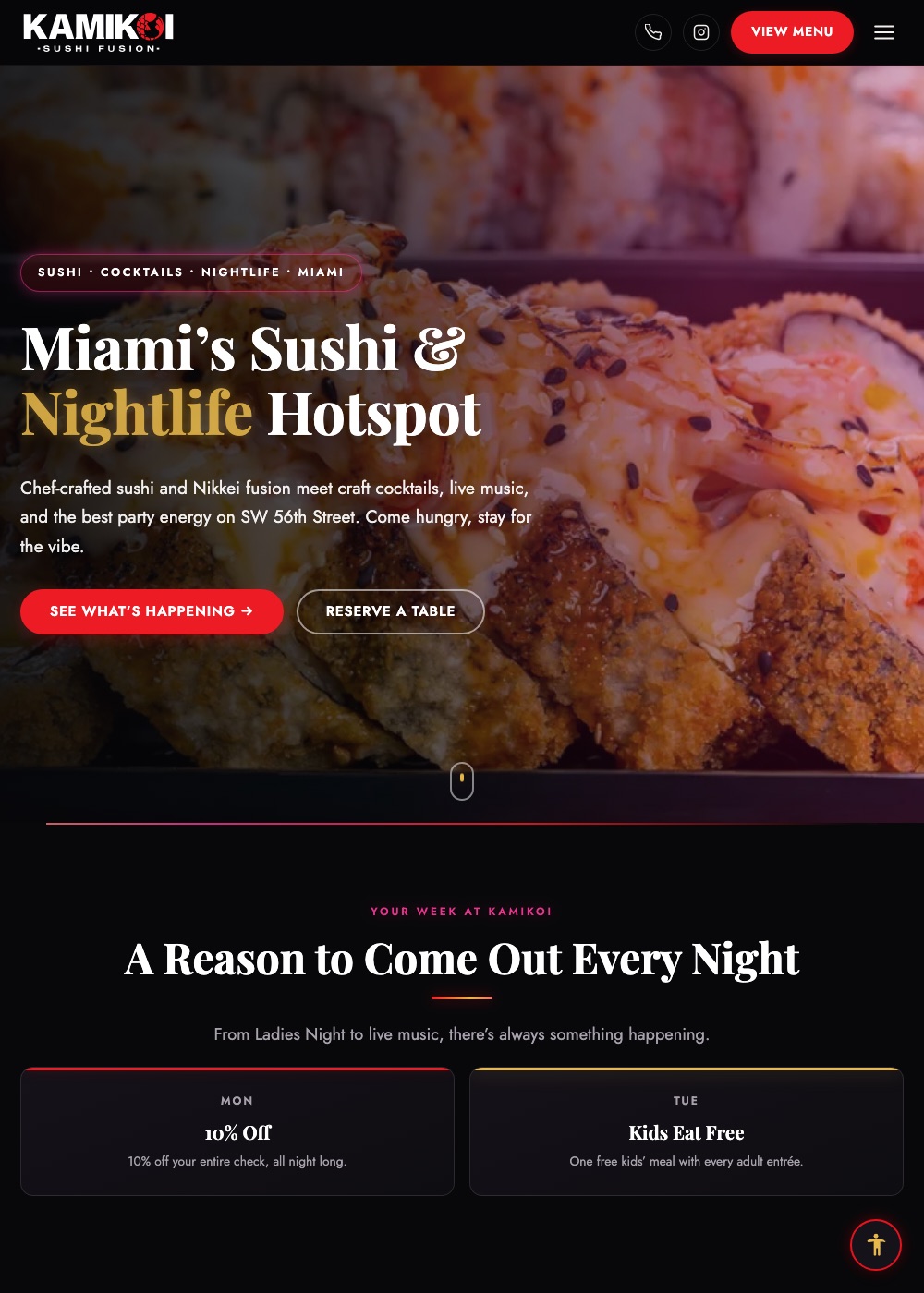 Website we designed and built for KamiKoi, Sushi Fusion & Nightlife