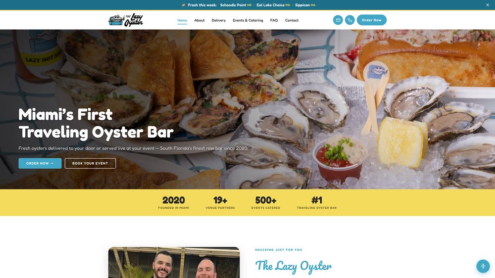 Website we designed and built for The Lazy Oyster, Traveling Oyster Bar