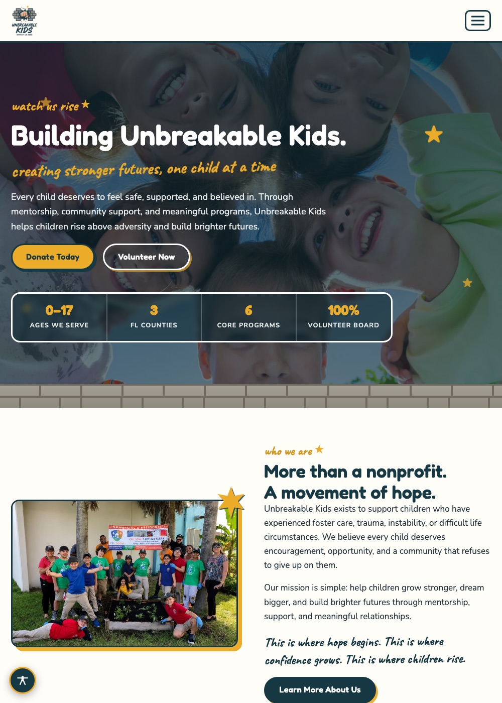 Website we designed and built for Unbreakable Kids, Children's Nonprofit