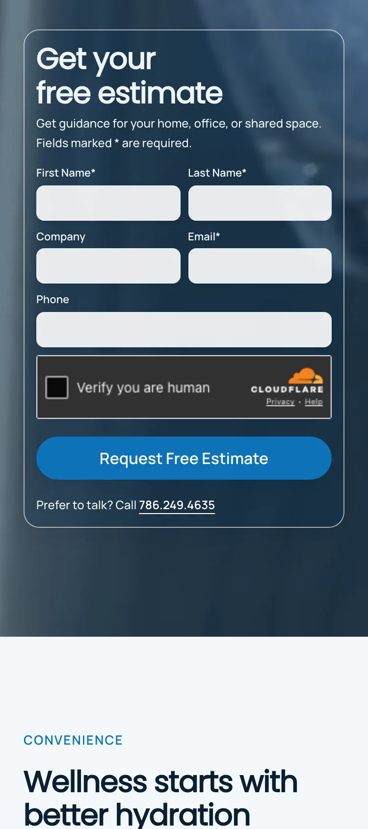 A quote form we built for Acqua Fresca, viewed on a phone