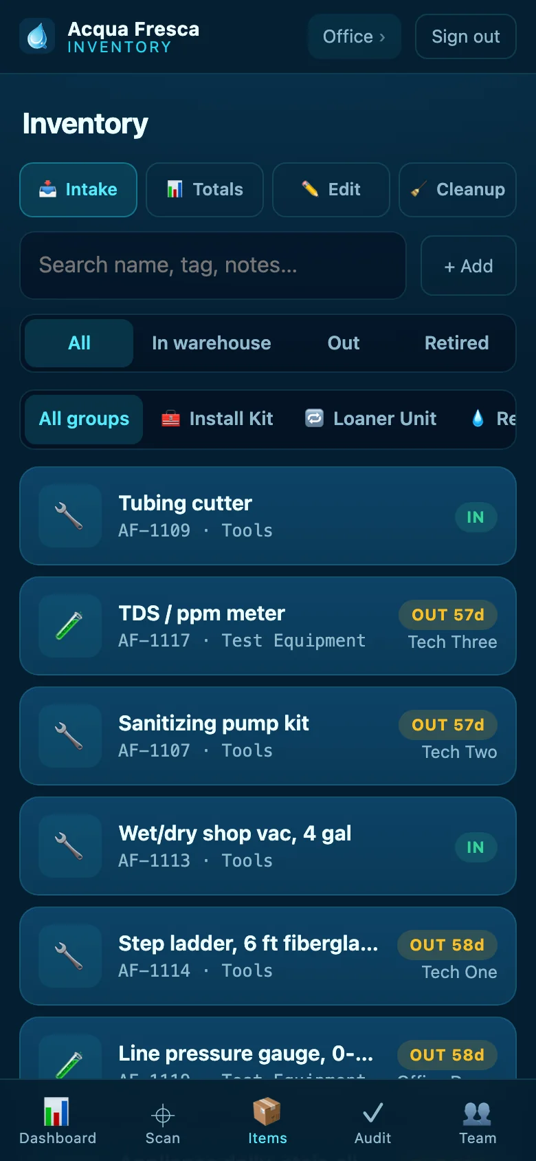 The Acqua Fresca inventory app on a phone, showing the equipment list with filters