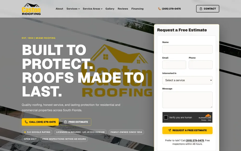 The homepage we designed and built for Caston Roofing, a Miami roofing company
