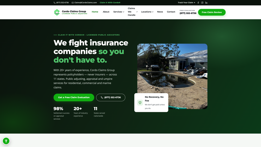 Website we designed and built for Cordo Claims Group, Public Adjusters