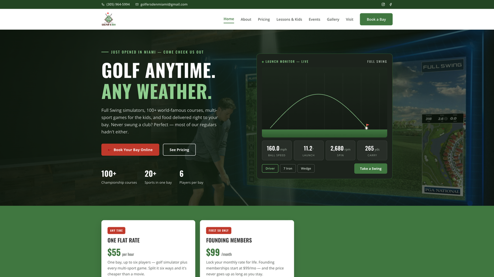 Website we designed and built for Golfer's Den, Indoor Golf Club